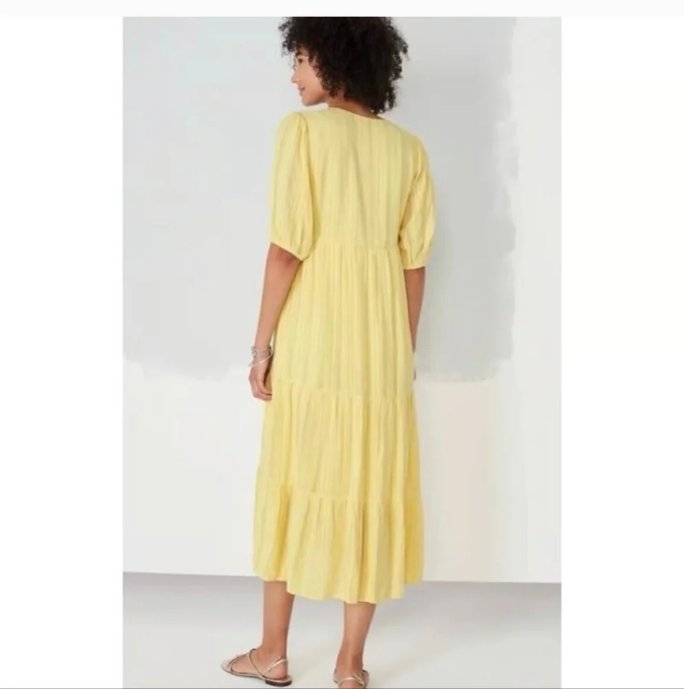 J. Jill Women's Large Yellow Pineapple Jacquard Tiered V Neck Cotton Rayon Dress - Picture 2 of 5